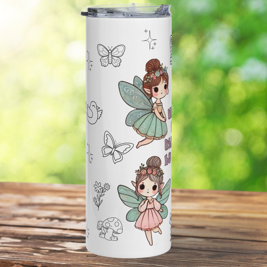 Kidnapped by Fairies 20 oz Stainless Steel Tumbler left side view. White tumbler with doodles in the background of butterflies, birds, and flowers. On this side you see two kawaii fairies. The top fairy has blue wings, a blue poofy dress, brunette hair in a bun, flowers in her hair, and pointed ears. The bottom fairy has light brown hair in a bun with flowers, blue wings, a pink poofy dress, and pointed ears. Fantasy Fairy Book Lover's Gift