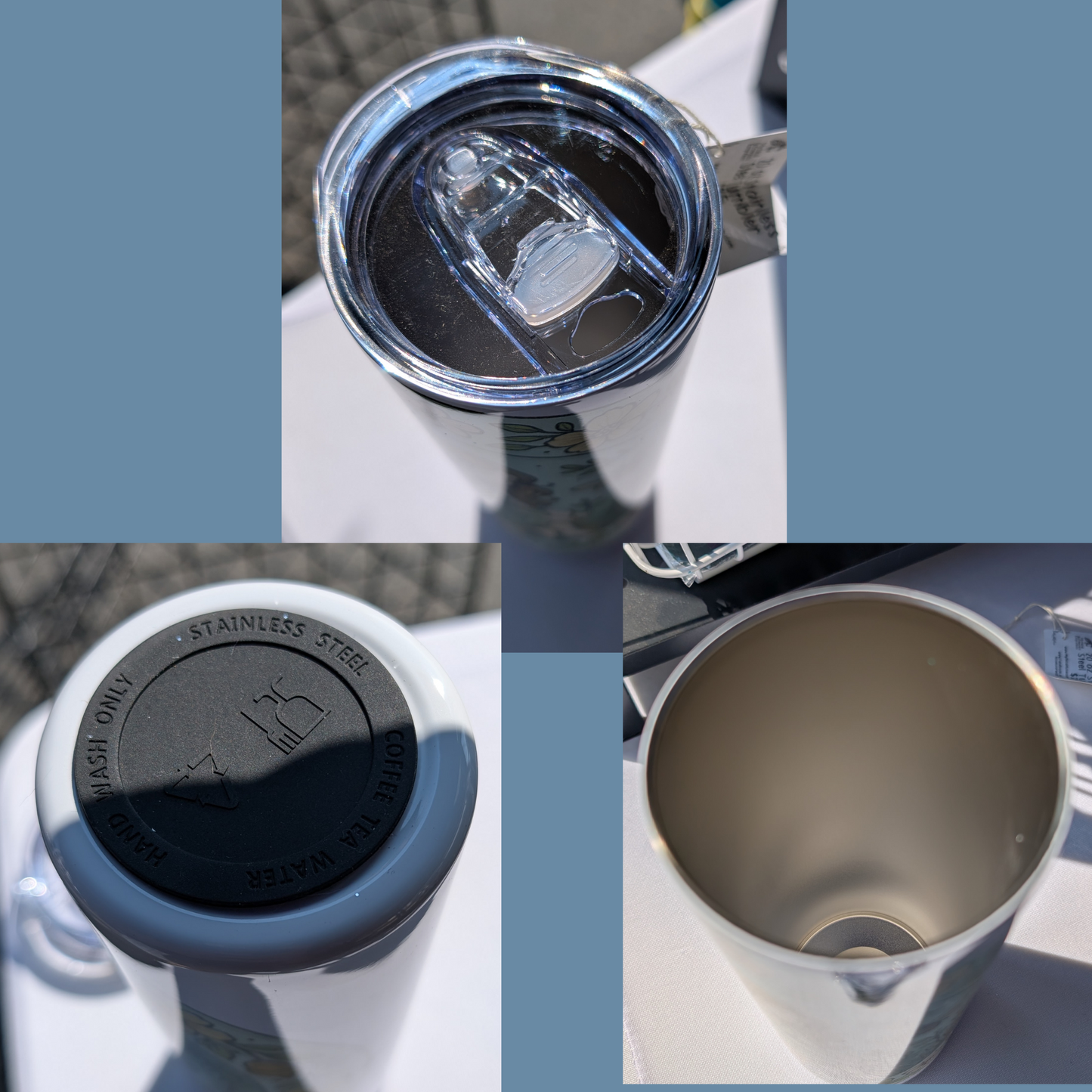 Collage of the Viking Kraken Longship 20 oz Tumbler of the top, bottom, and inside. You see the top of the lid with the sliding mechanism open to drink from or to put the metal straw into the travel mug. The silicone base is visible which helps to provide stability. You see the straight stainless steel 304 food grade interior.