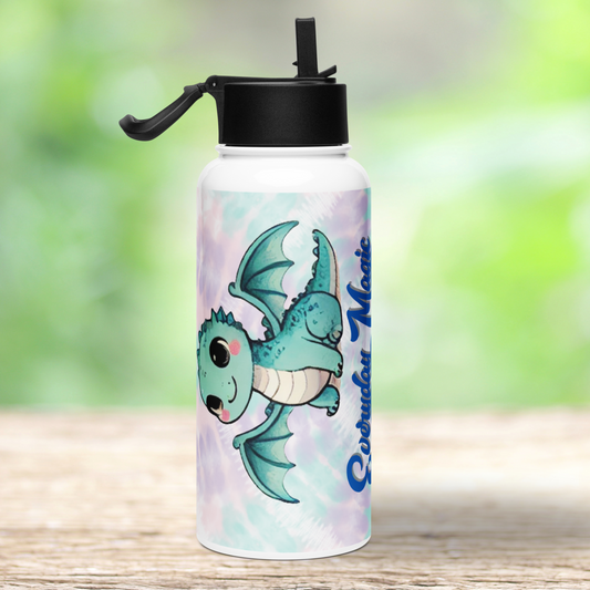 Left side view of dragon tumbler with black lid. You can see the straw if flipped up from the lid and the handle is sticking out to the left. You can see a large eyed kawaii style light green dragon with rosy cheeks. Wings spread. Light blue green and purple tie dye background.