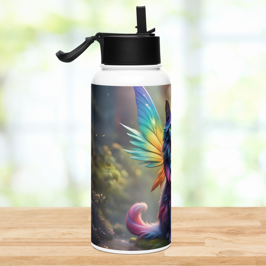 Left side view of stainless steel tumbler with black lid. Straw is flipped up from the lid and handle is sticking out to the left. You can see the left wing with the tip edged in purple to blue to yellow to oranges. The tail is visible in pinks and purple. You can see forest area around the water.
