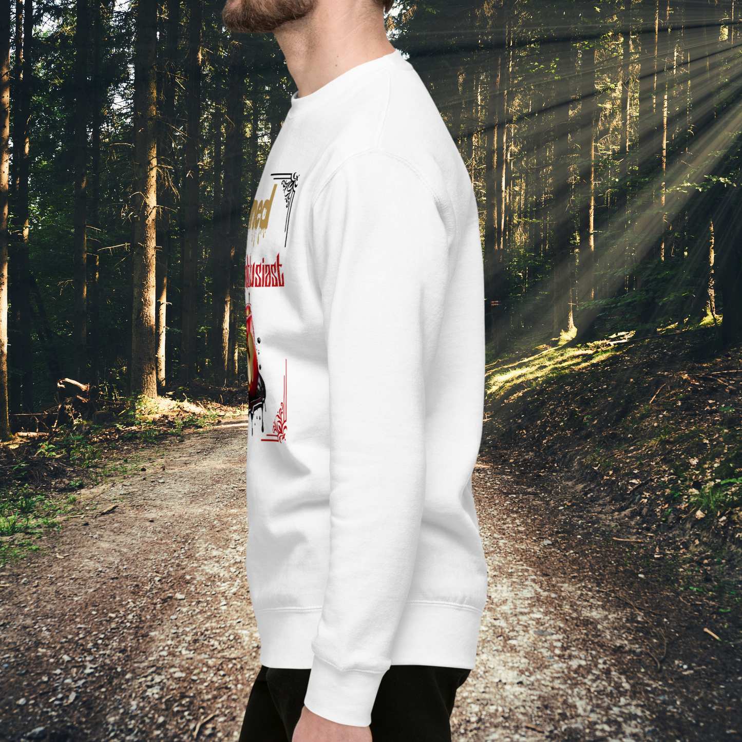 Complete Left Side View Men's White Sweatshirt, Poisoned Apple Enthusiast above a decaying apple sitting in a black pool of poison. Based on Grimms Fairy Tale Snow White, Dark Fantasy Gift