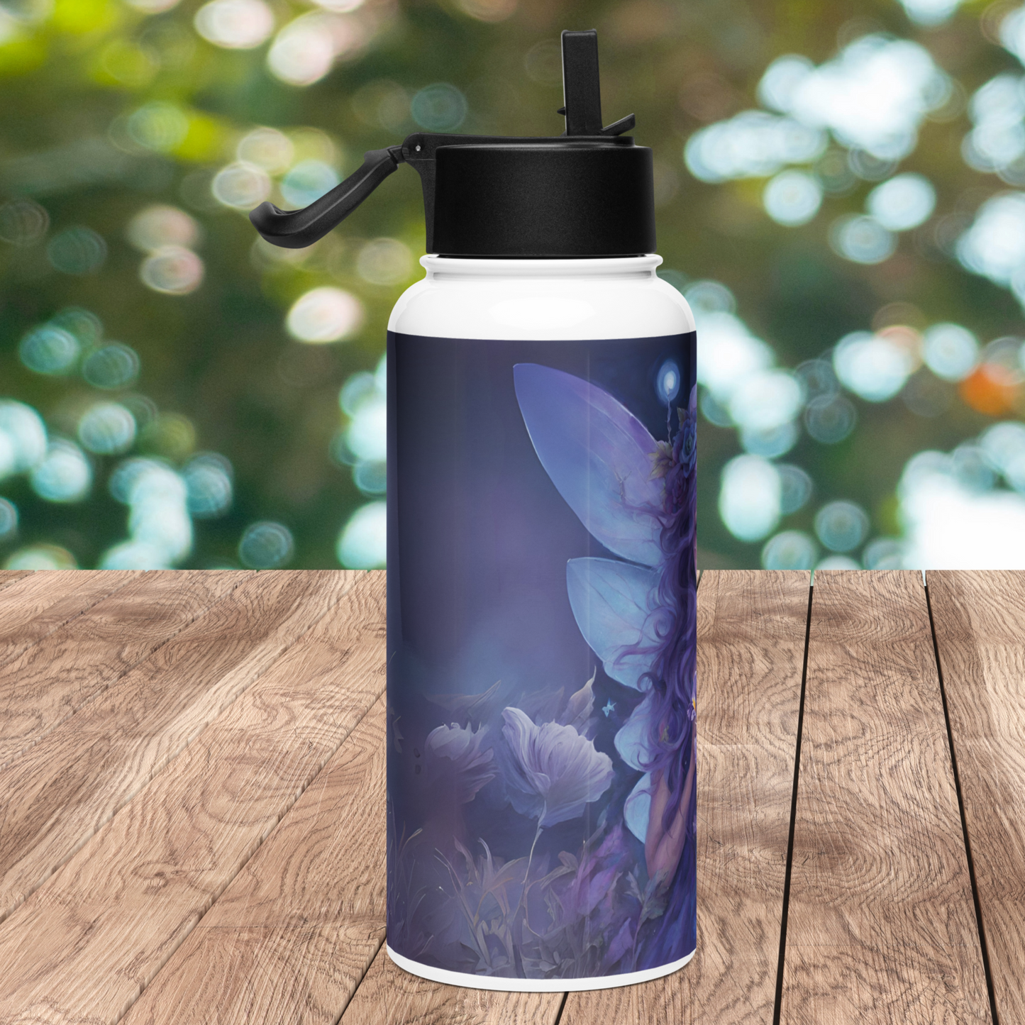 Left side of stainless steel bottle with black lid. Flip up straw is up and handle is sticking out to the left side. You can see the left side of the fairy's wing and soft purple botanicals.