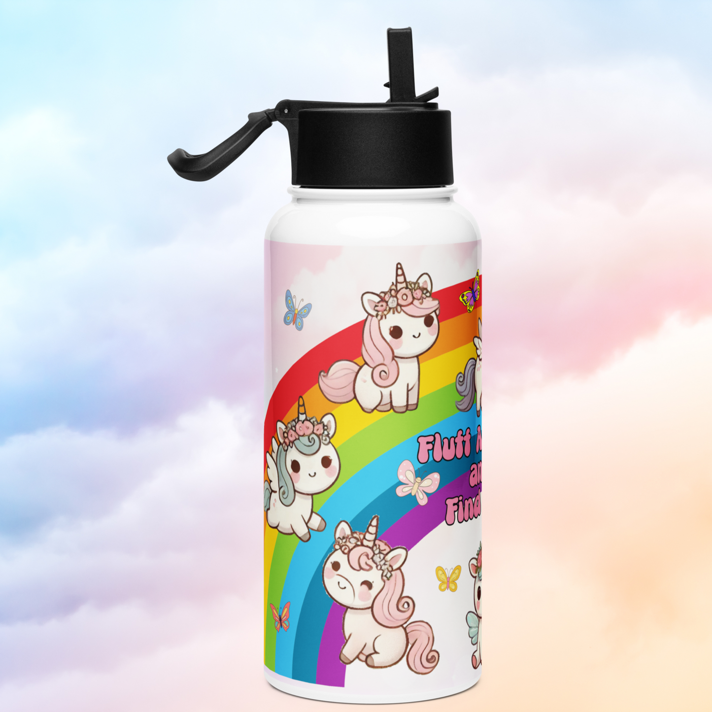 Left side view of 32 oz stainless steel water bottle with black lid. The straw is flipped up and the handle is lifted to the left side. You can see the right side of the rainbow. A unicorn with pink hair and flowers is walking up. To the bottom a pink haired unicorn is sitting. You can see the head and wings of a unicorn with blue hair. Bright butterflies can be seen.