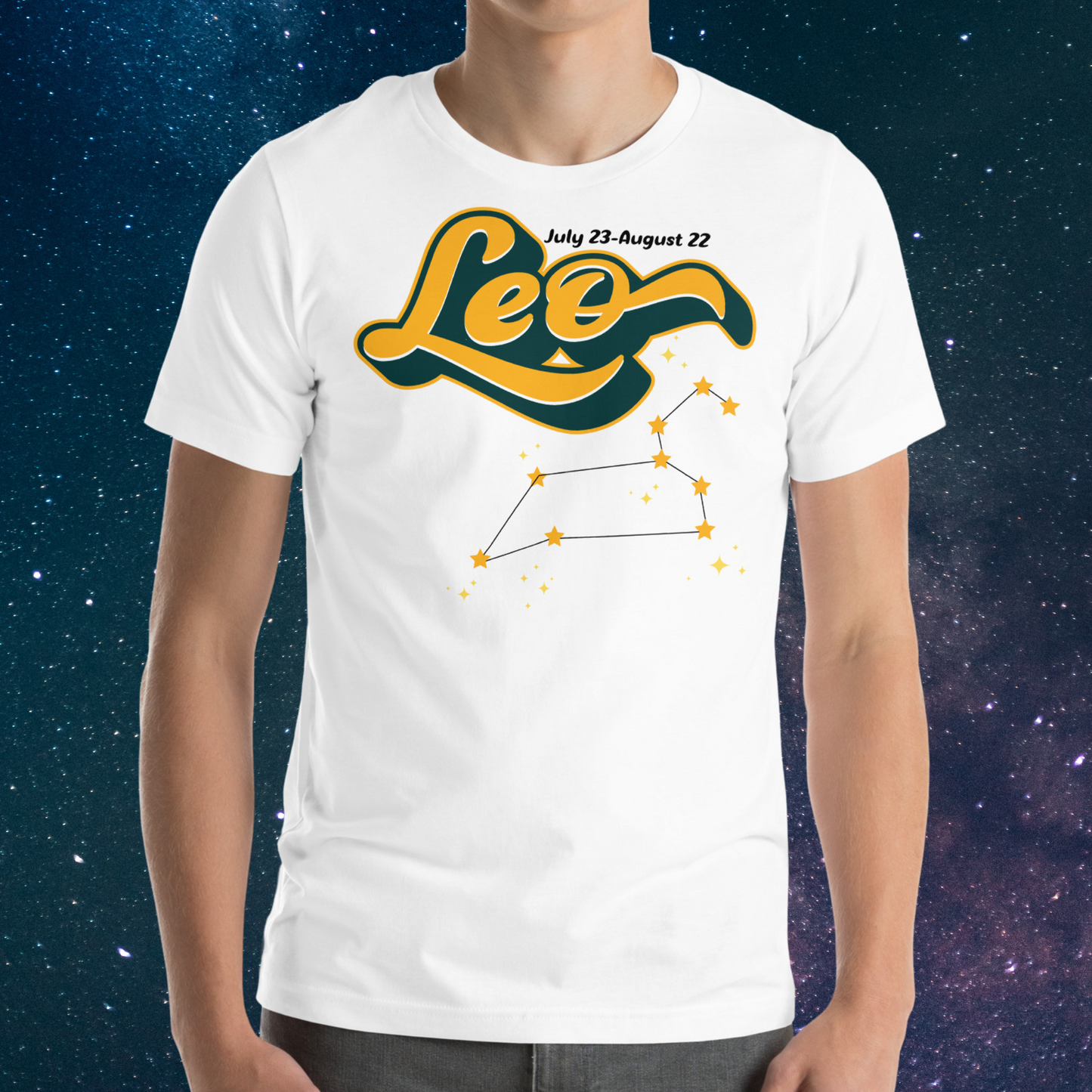 Front view of model wearing white men's Leo Tee. This astrology Leo T-Shirt has the word Leo in large yellow script shadowed in deep green for a 3-D effect. Above this it Says July 23-August 22. Under Cancer is the zodiac star constellation with yellow stars connected by a black line and lighter yellow smaller stars surrounding this. The perfect July or August Birthday Gift for him or yourself.
