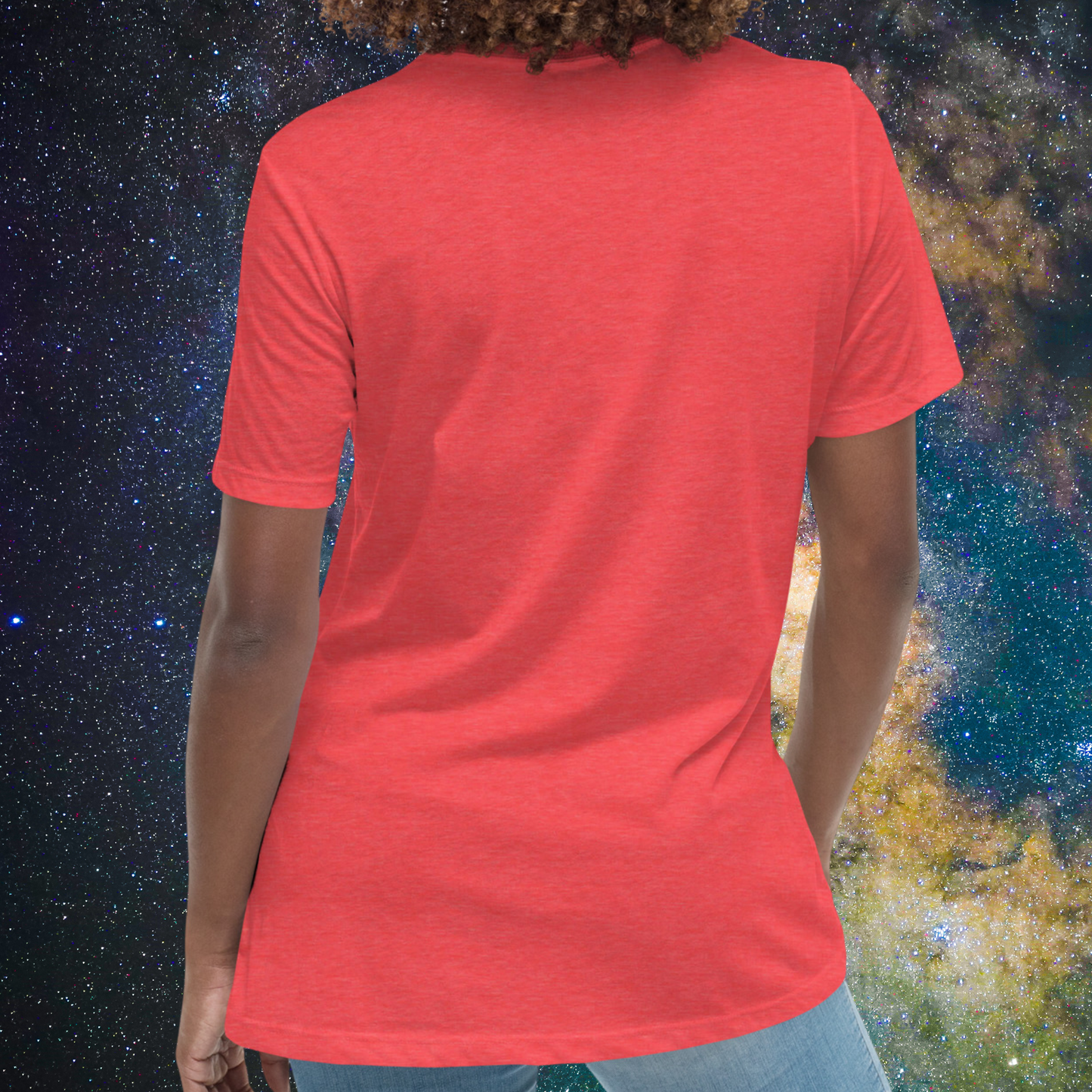 Back view of model wearing Heather Red women's Leo Tee. No image on the back. You can see the hem is at the bottom of hips, sleeves end mid upper arm for a short sleeve tee. Crew Neck t shirt. The perfect July or August Birthday Gift for Her or yourself.