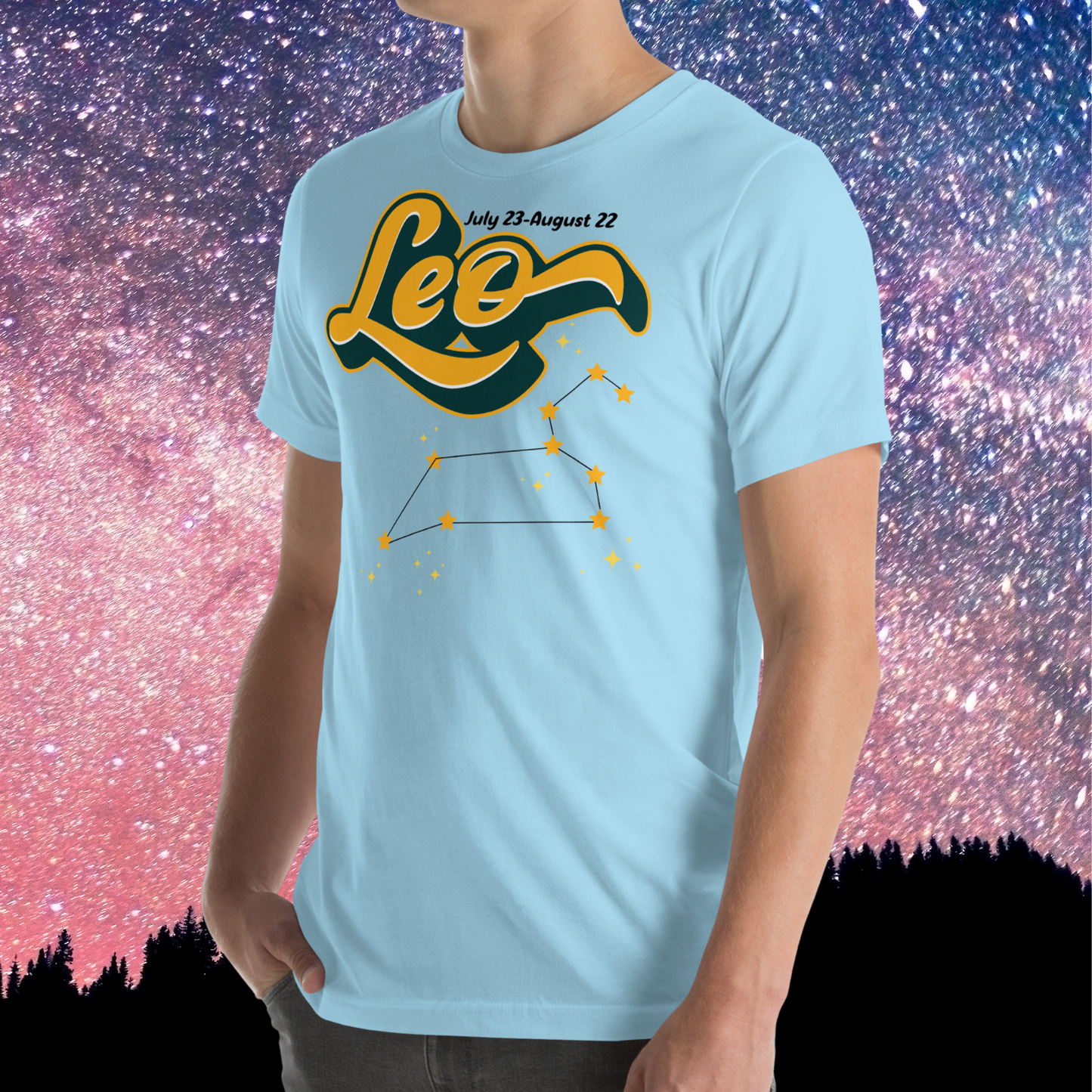 Front left view of model wearing Ocean Blue men's Leo Tee. This astrology Leo T-Shirt has the word Leo in large yellow script shadowed in deep green for a 3-D effect. Above this it Says July 23-August 22. Under Cancer is the zodiac star constellation with yellow stars connected by a black line and lighter yellow smaller stars surrounding this. The perfect July or August Birthday Gift for him or yourself.