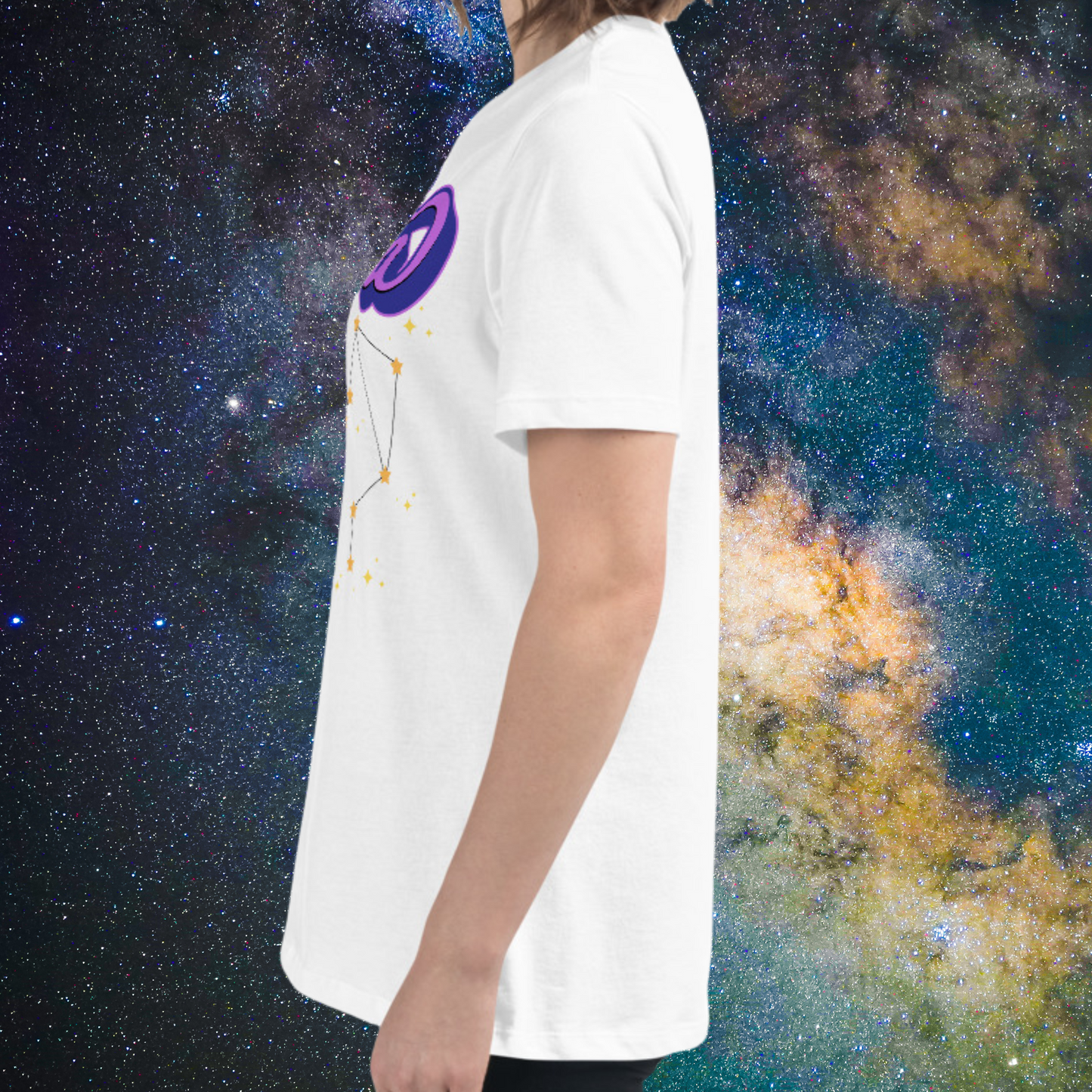 Left side view of model wearing white women's Libra Tee. Side seam is viewable, crewneck neckline, short sleeves are at mid upper arm, and hem reaches below the hip on the model. The perfect October or September Birthday Gift for Her or yourself.