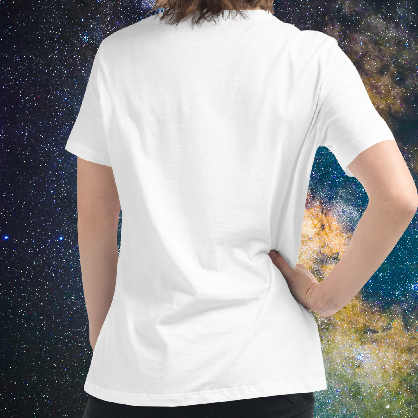 Back view of model wearing white women's Libra Tee. This astrology Libra T-Shirt does not have an image on the back. Crewneck neckline, short sleeves, and hem hitting below the hips on the model . The perfect October or September Birthday Gift for Her or yourself.