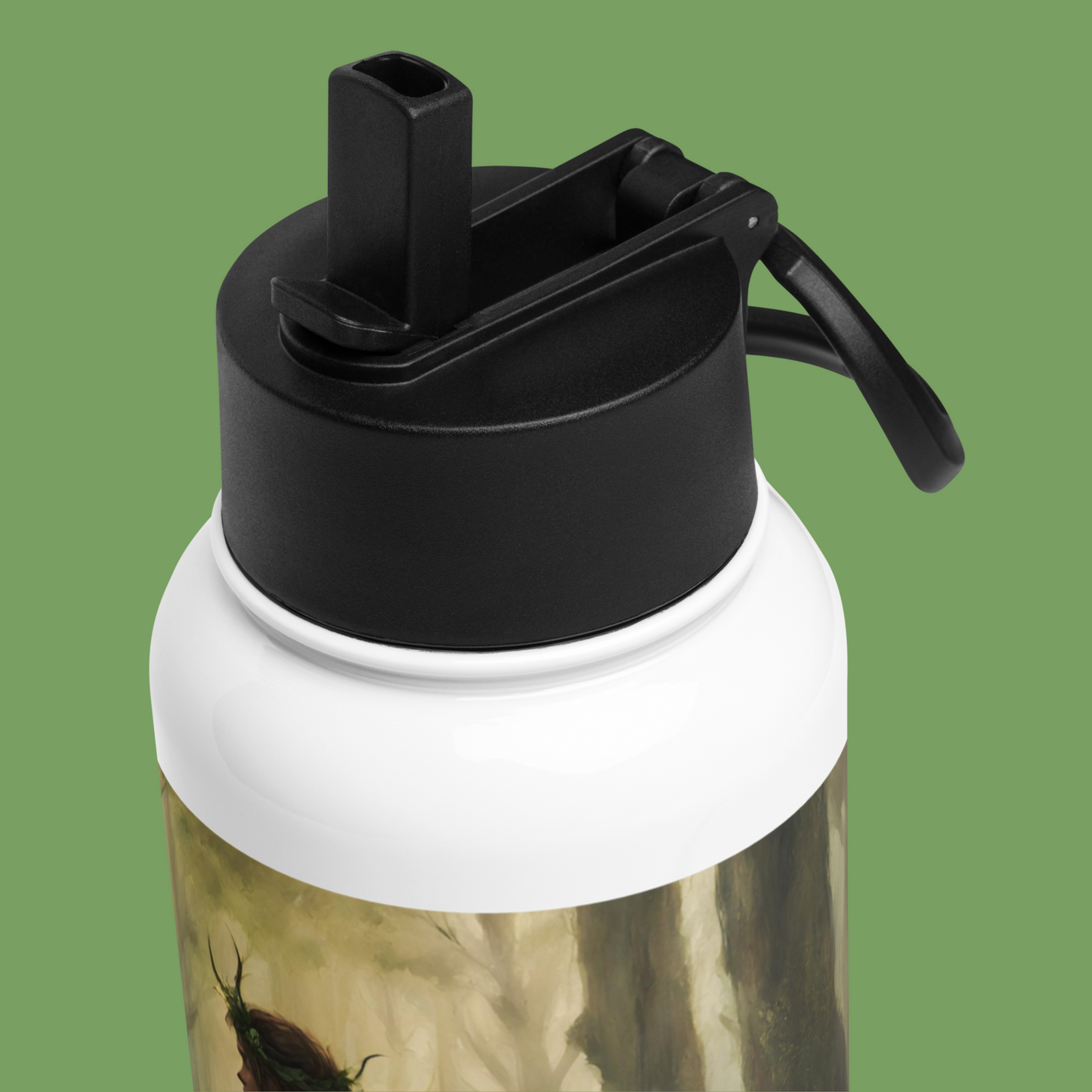 Top view of black lid of stainless steel water bottle. Straw is flipped up and you can see where it fits into the lid.