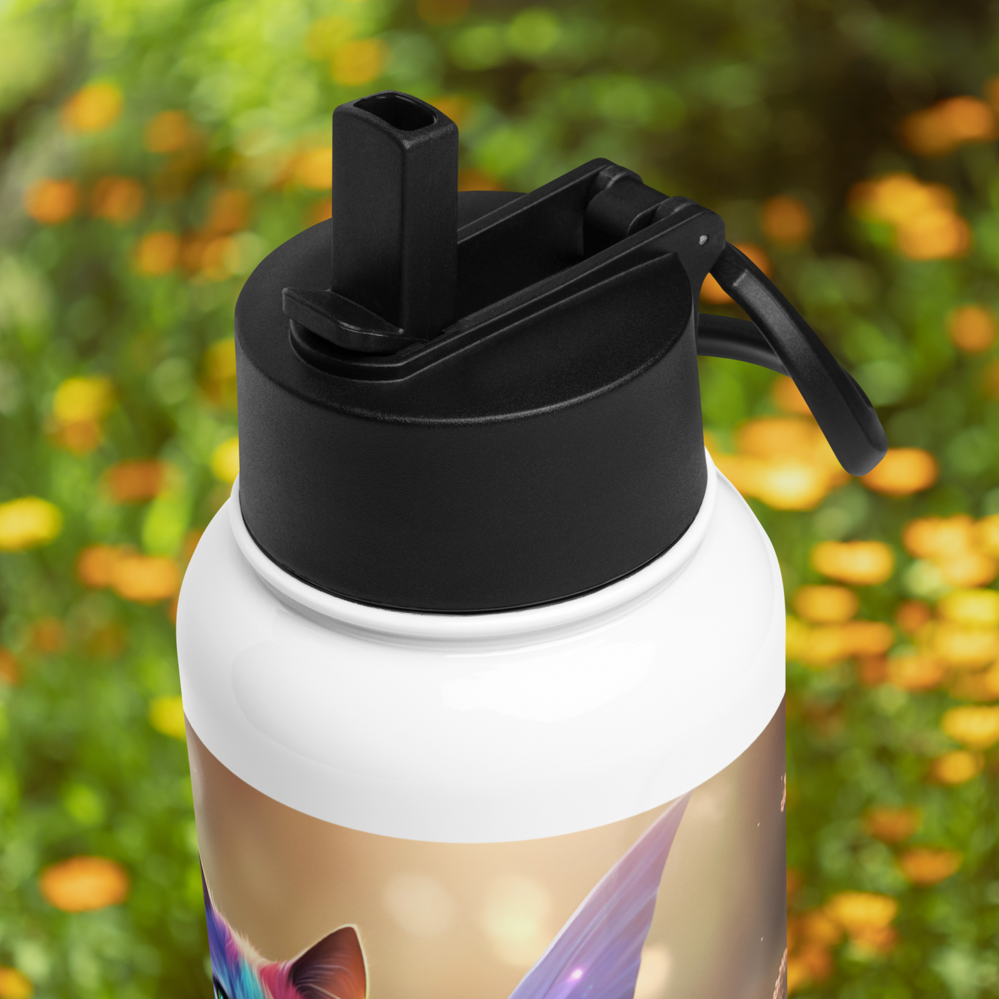 View of the top of the black lid of the 32 oz stainless steel water bottle. The straw for drinking is flipped up and you can see the channel it fits into in the lid.