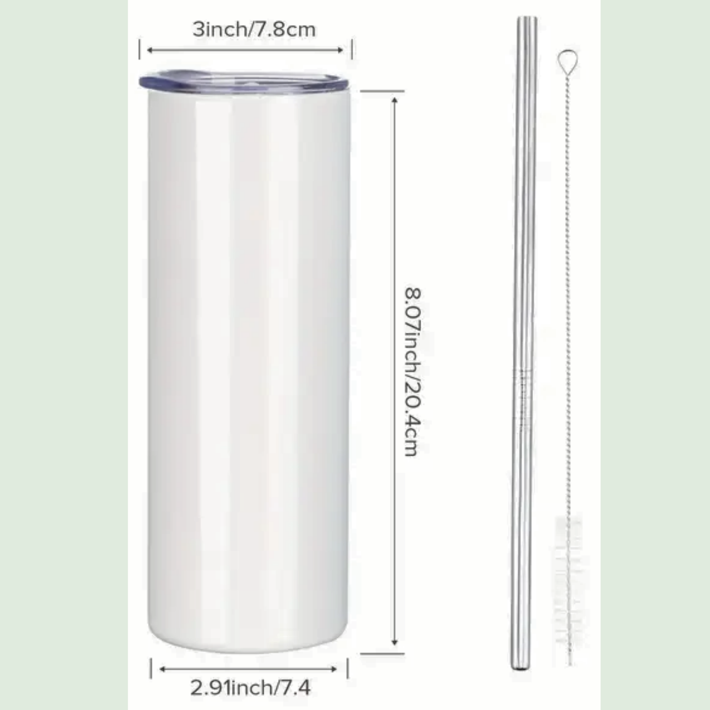 You see a white tumbler with lines and measurements. The lid is 3 inches across. The tumbler is 8.07 inches high and 2.91 inches across. Included are pictures of the metal straw and cleaning brush that come with the tumbler.
