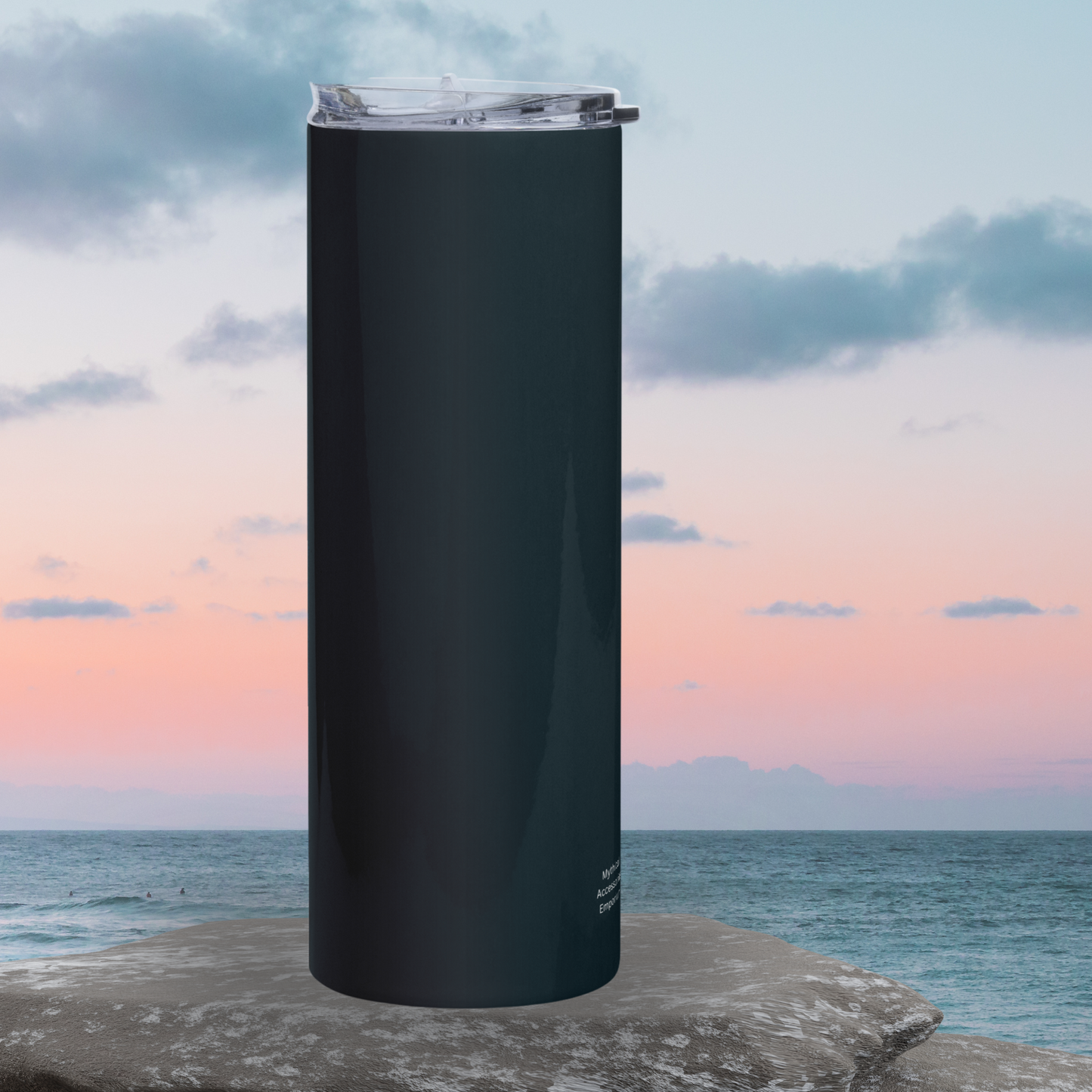 Medusa Stainless Steel 20 oz Tumbler back view. Here you see the background dark grey almost black color. Fantasy Gifts for readers