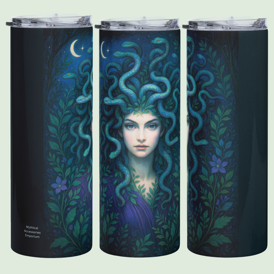Medusa Stainless Steel 20 oz Tumbler collage of left front and right. Medusa in purple covered in vines with blue snakes for hair writhing around her head. A crescent moon to the left against the night sky. Greek Mythology Tumbler