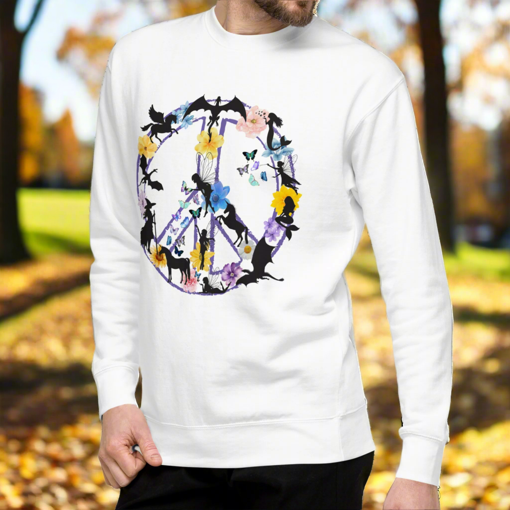 Men's Side Front View White Fantasy Peace Sign men's Sweatshirt. Purple Peace Sign Outline filled with fantasy creatures dragons, mermaids, fairies, pegasus, a witch, butterflies, and flowers.