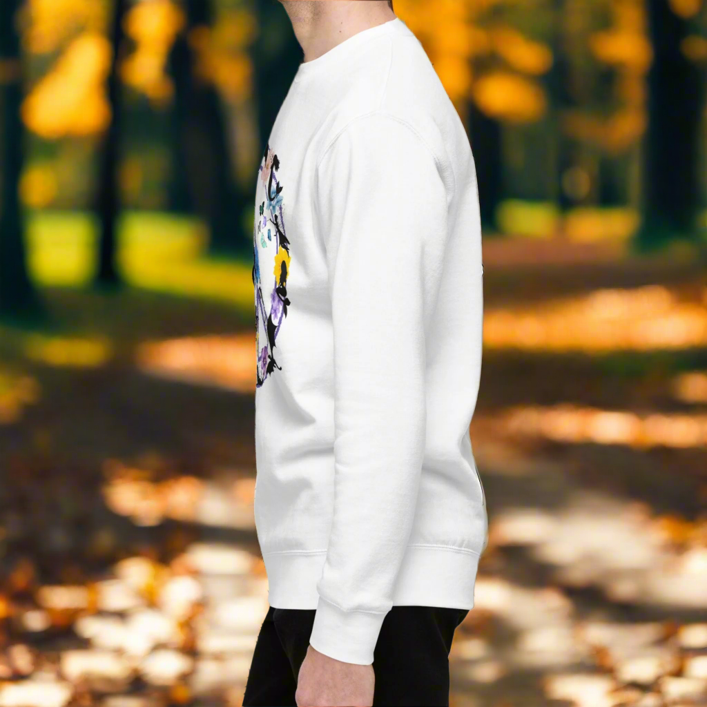 Men's Side View White Fantasy Peace Sign men's Sweatshirt. Purple Peace Sign Outline filled with fantasy creatures dragons, mermaids, fairies, pegasus, a witch, butterflies, and flowers.
