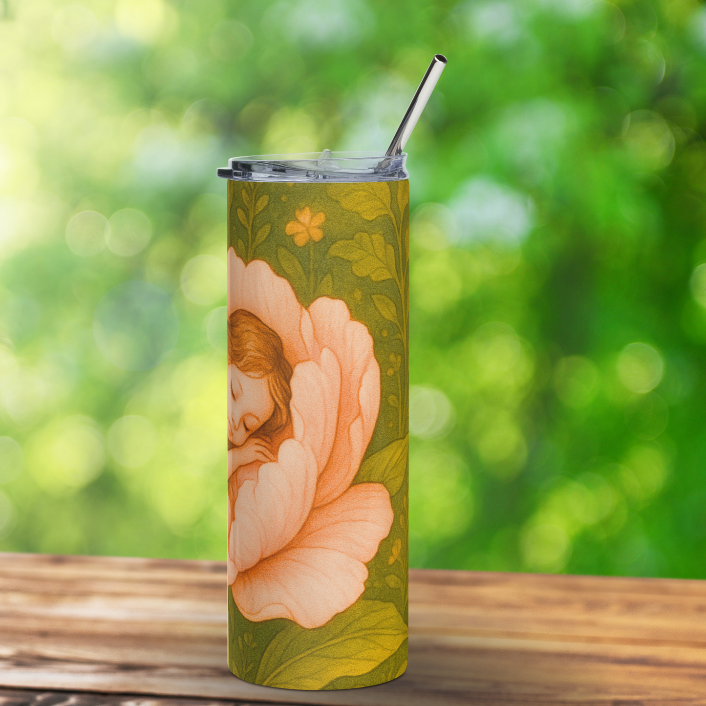 Peony Flower Fairy 304 Food Grade Stainless Steel Tumbler right side. Right side of pink peony with the top of the fairies head and one hand is visible. Background is of green leaves. Pixie Butterfly cute Travel Mug