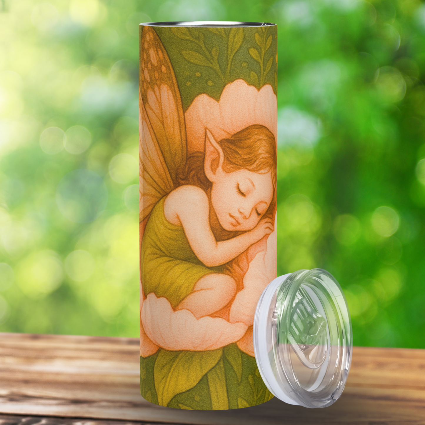 Peony Flower Fairy Tumbler 20 oz Front view with BPA free push on lid leaning on the right side. Middle section of the peony is visible with the fairy curled up sleeping. Pointed ears, brown wavy hairy, and long lashes, hands under face. Part of the wings are visible. Fantasy Gift for Her