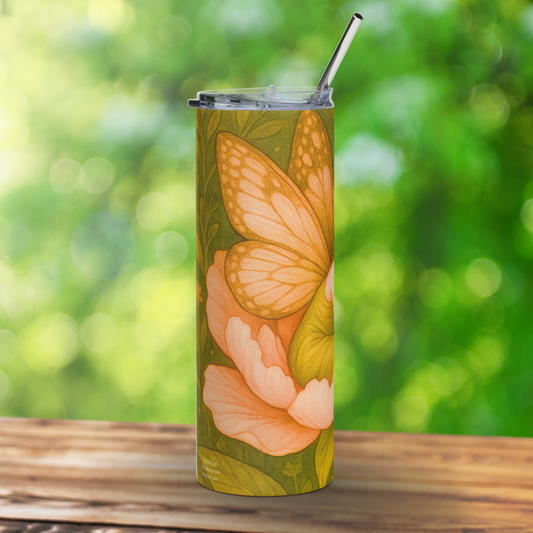 Peony Flower Fairy 20 oz Tumbler left side. Here you see the delicate monarch style butterfly wings and the left side of the peony. The background of the tumbler is green with grasses and leaves. Garden Fairy Water Bottle
