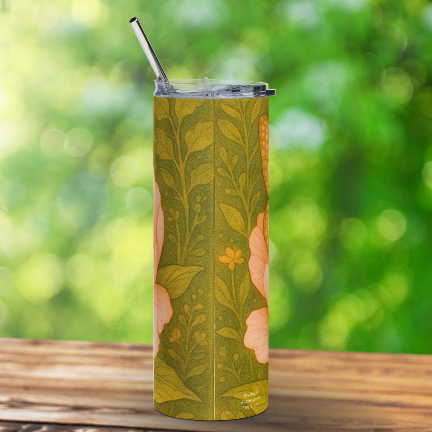 Peony Flower Fairy Tumbler Back view. On the left and right side you see the edges of the peony petals. Background is green with leaves. Cottagecore Garden Bookish Gifts