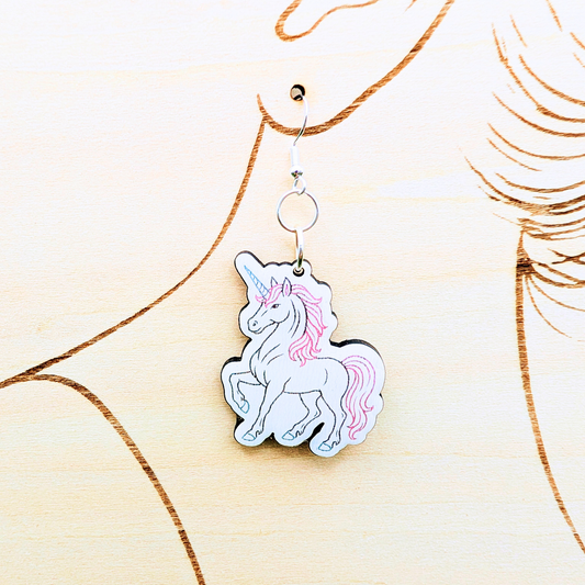 Pink Unicorn Earrings, Handmade Wood Earrings