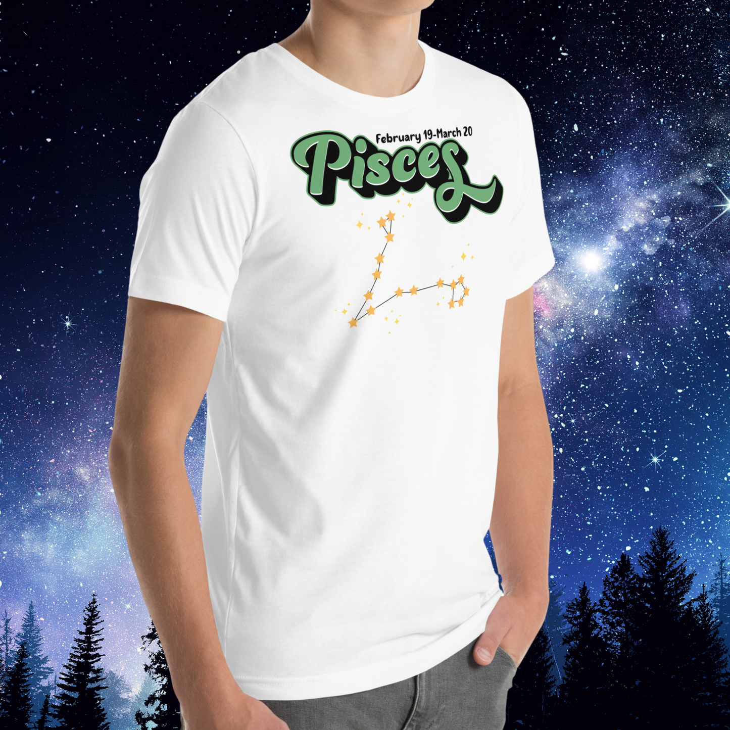 Front right view of model wearing white men's Pisces Tee. This Astrology T-Shirt has the word Pisces in large minty green script shadowed in black for a 3-D effect. Above it Says February 19-March 20. Under Pisces is the star constellation with yellow stars connected by a black line and yellow smaller stars surrounding this. The perfect February or March Birthday Gift for him.