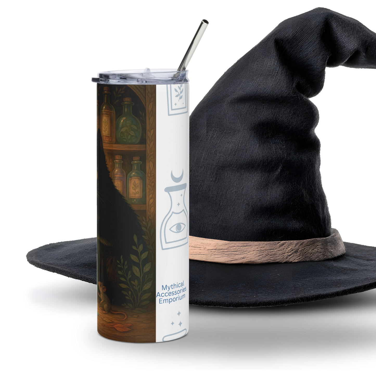 Apothecary Potion Bottle Black Cat Stainless Steel Tumbler. Left Side View. On this side you see potion bottles on shelves. The back of the black cat, the small mouse looking on as the bottle spills. The metal straw extends from the top and you see the edges of the lid. The lid is a push on lid with an o ring. Dark Academia