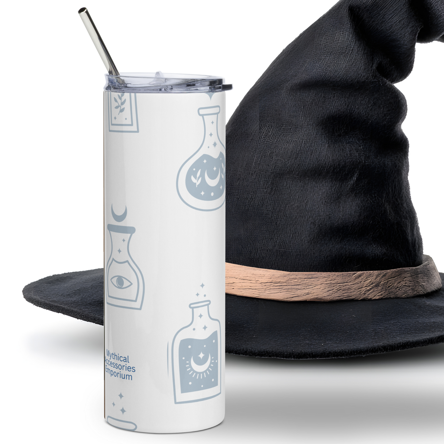 Potion Cat and Mouse Tumbler Back View. Here you see the back of the tumbler with grey outlines of potion bottles. You can see the metal straw extending above the tumbler's lid. Book Lover Gift