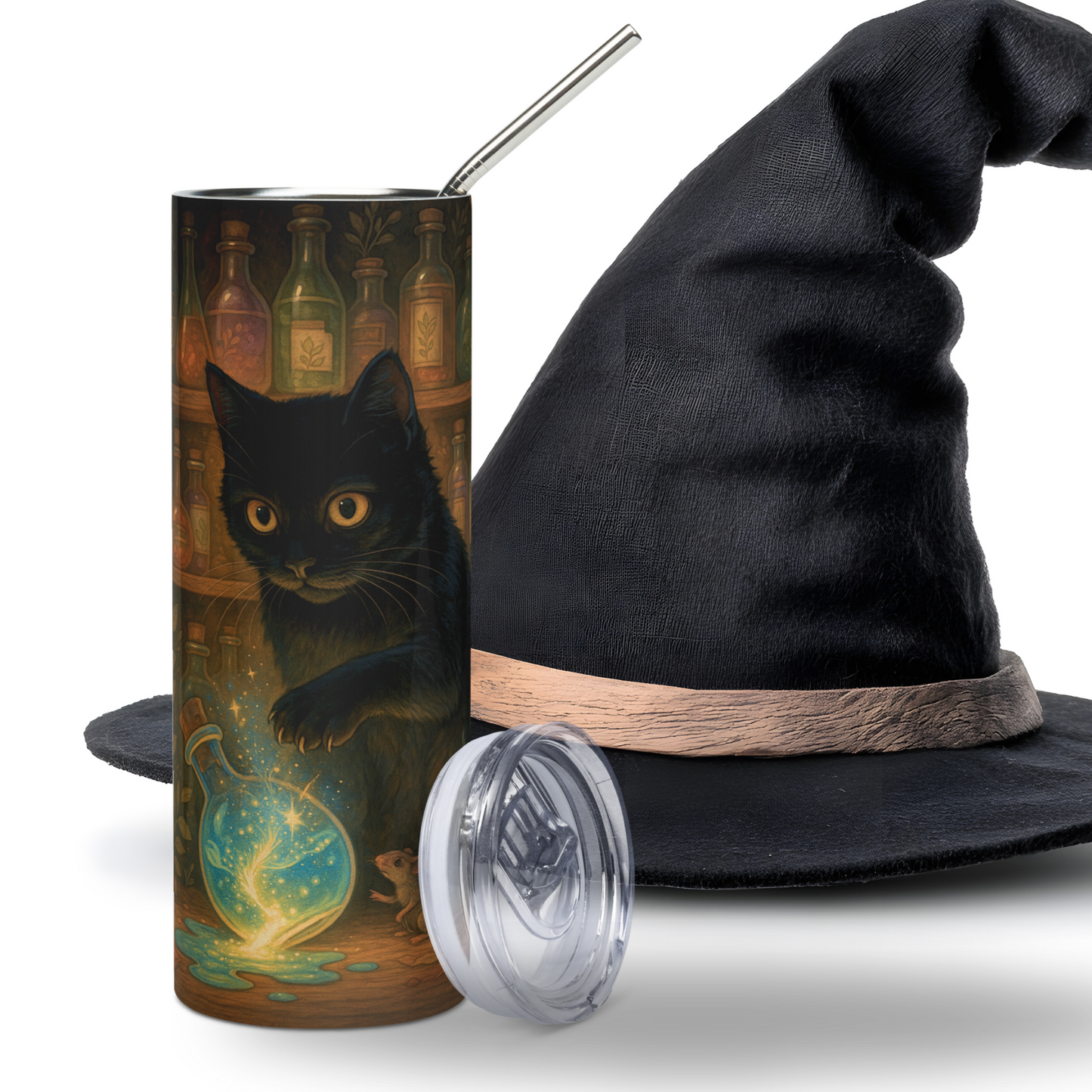 Potion Bottle Black Cat 20 oz Stainless Steel Skinny Tumbler, Black Cat with Amber Eyes spills a glowing blue potion bottle while his mouse friend looks on. Behind the two are shelves of potion bottles. You can see the left side, the front, and the right side of the tumbler. Cat Themed Witchy Gifts
