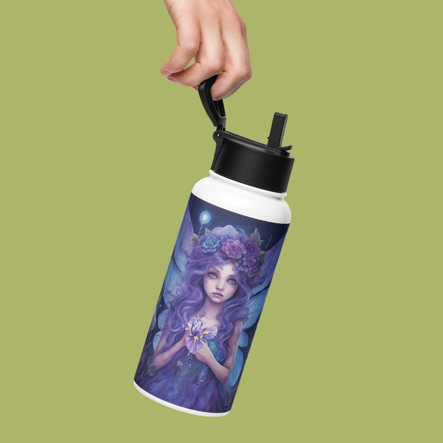 Stainless Steel Bottle held by the handle and hanging down.