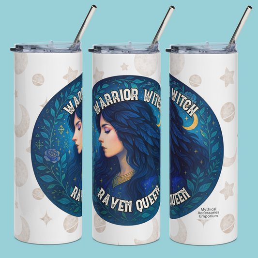Raven Queen Stainless Steel Tumbler 20 oz Collage of left, front, and right side view with metal straw sticking p from the top. Here you see the moons and stars on the white tumbler providing a background to the graphic. The graphic is a dark blue circle. Vines wrap around the inside of the circle with a dark blue purple rose. You see a crescent moon. The text reads Warrior Witch Raven Queen. Inside the circle is a women facing to the left with eyes looking down with black feather hair.