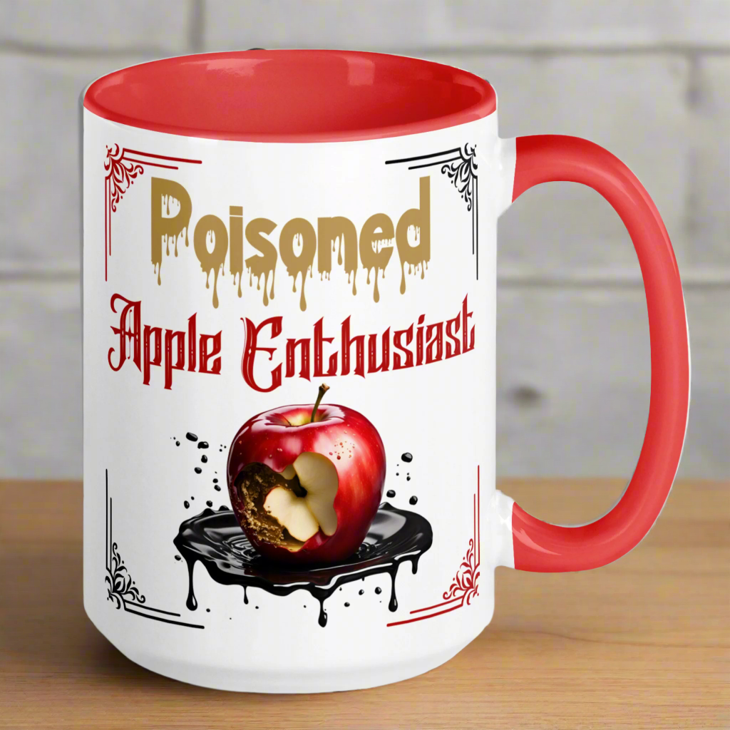 Right side of White mug w red interior and handle, Poisoned Apple Enthusiast above a decaying apple sitting in a pool of poison