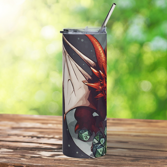 Red D20 Dragon Stainless Steel 20 oz Tumbler. Left side view, metal straw can be seen at the top above the edges of the lid. Wing extending to the left, red horns, and scaley foot are visible next to a pile of green dnd dice. Dungeon Master Gifts