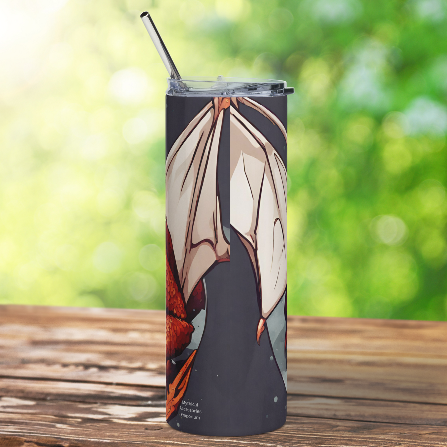 Red D20 Dragon Stainless Steel 20 oz Tumbler. View of the back. the left and right wing wrap around to the back. On the left side you can see part of a red scaled leg. Fantasy DND Gift Ideas