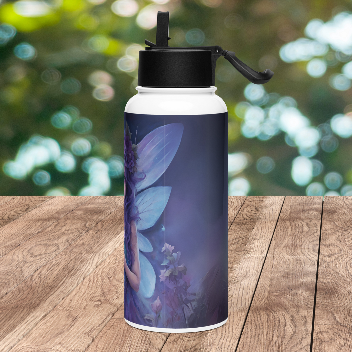 Right Side view of stainless steel 32 oz water bottle. You can see the side view of the wings, dark purple to black sky and purple florals.