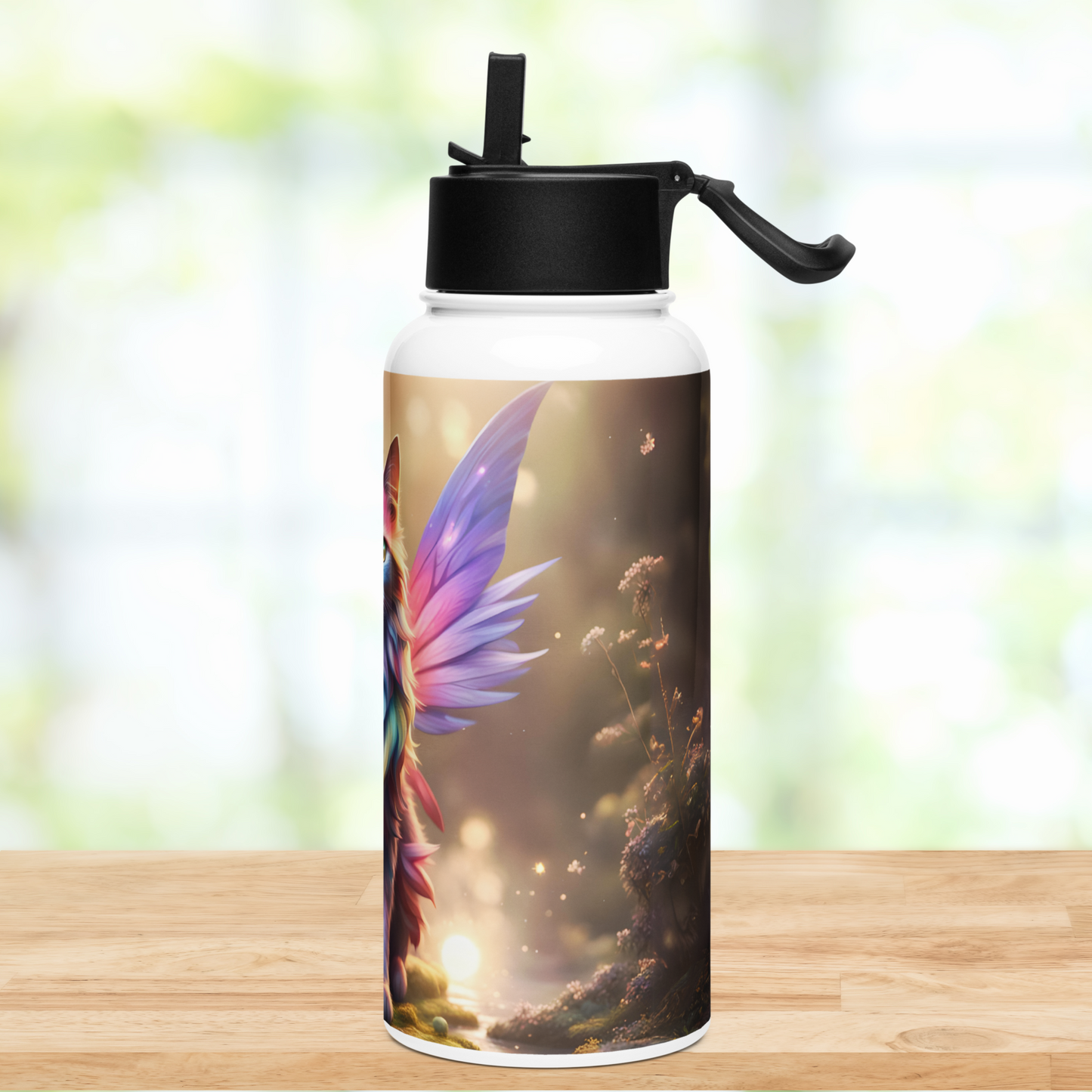 Right side view of the stainless steel water bottle. You can see the right wing of the fairy cat. Water is brightly lit on this side and glows. You can see the bank with flowers growing out of the bank.