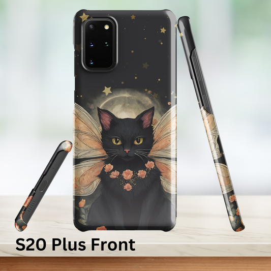Samsung Phone Case S20 Plus Front. black fairy cat in a bed of light peach roses against the night sky with a full moon between the cats wings.