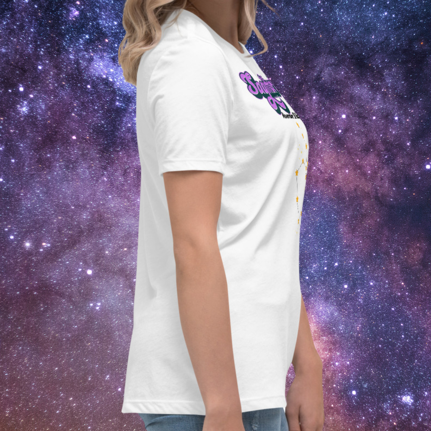 Right side view of model wearing white women's Sagittarius Tee. You can see the drop of the shoulder, crew neck, short sleeves, and hem line. The perfect November or December Birthday Gift for her or yourself.