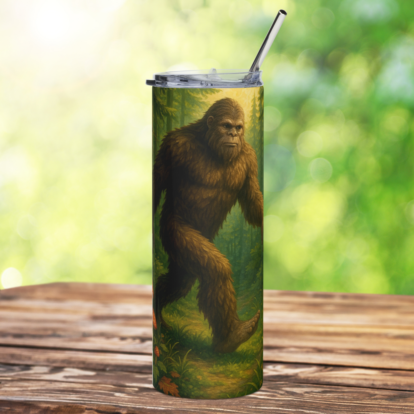 Stainless Steel Tumbler with metal straw sticking out of the top. The front view is big foot striding through old growth forest. He is furry, brown, and incredibly real looking, no touching. Fantasy cryptid water bottle