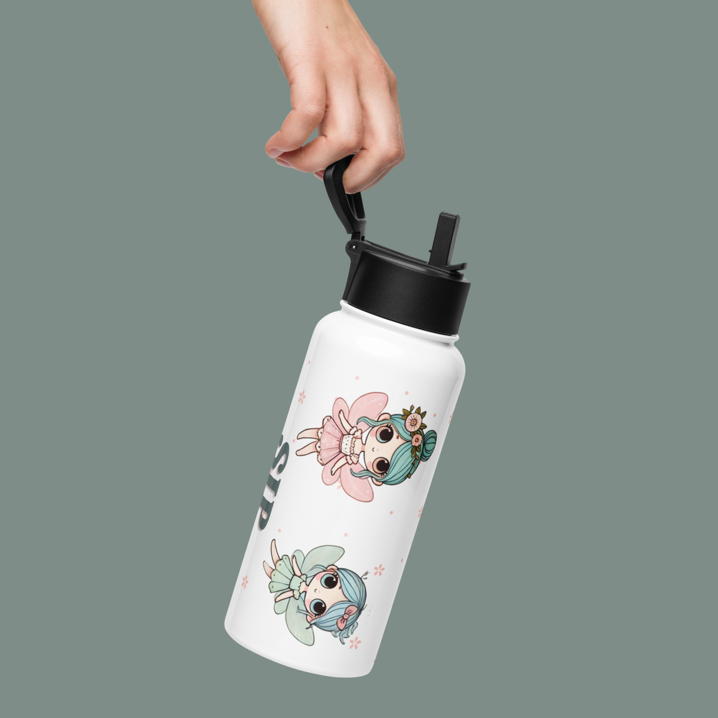 Right side view of water bottle with fairies being held by fingers in the handle.