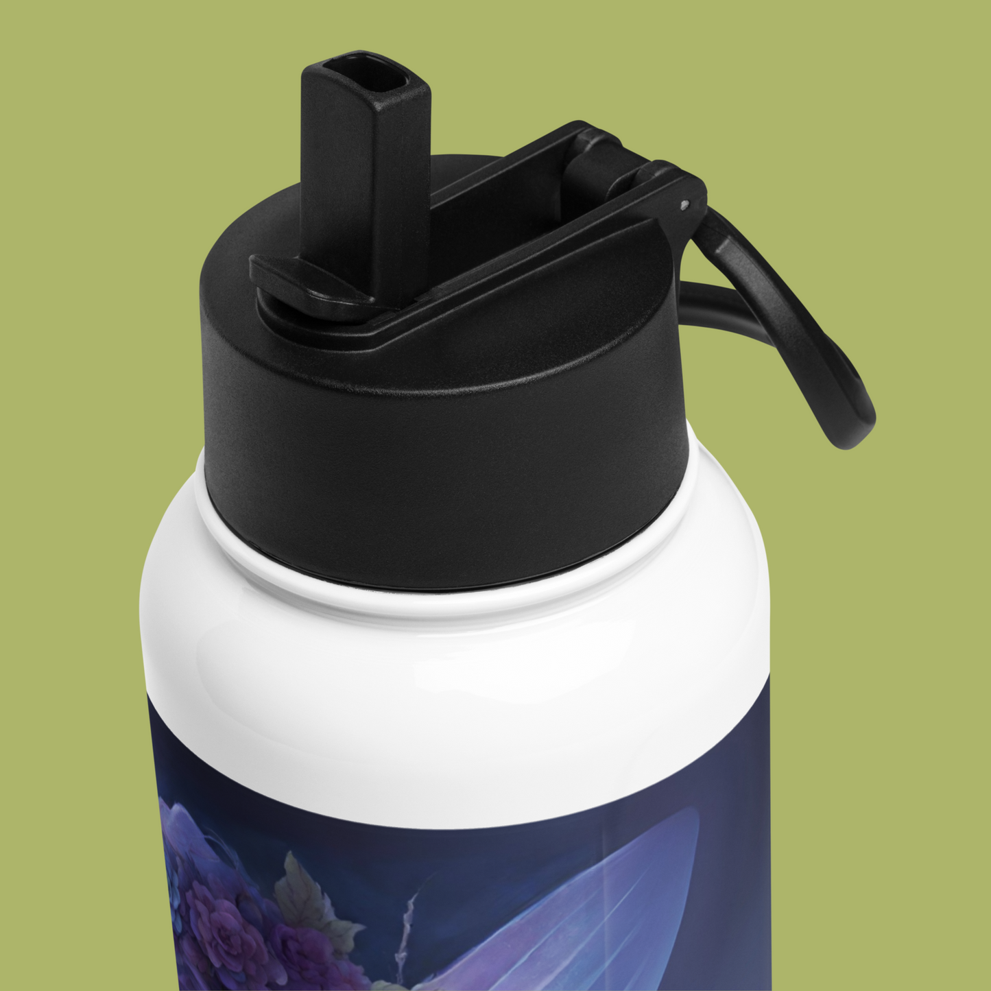 Top of the black lid of the purple iris fairy stainless steel tumbler. Straw is flipped out and you can see where the straw fits into the lid.