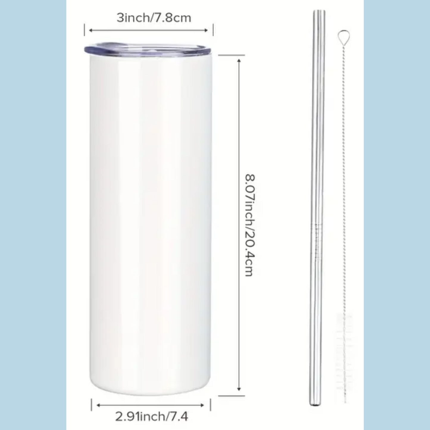 White tumbler with dimensions and a metal straw an cleaning brush for the straw on a light blue background. Tumbler measures 2.91 inches in diameter. It is 8.07 inches high. The lide is 3 inches wide.