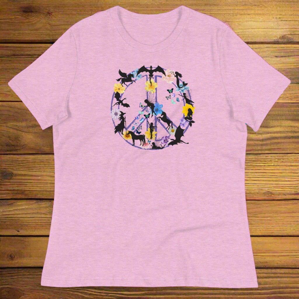 70s Vintage Peace Sign Women's heather prism lilac T-Shirt Front View on wooden counter. Purple Peace sign filled in with dragons, mermaids, fairies, unicorns, pegasi, witches, flowers, and butterflies.