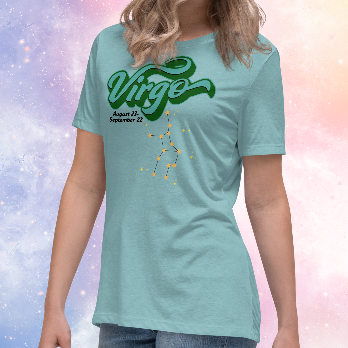 Front left view of model wearing Heather blue lagoon women's Virgo Tee. This astrology Virgo T-Shirt has the word Virgo in large turquoise script shadowed in deep green for a 3-D effect. Below this it Says August 23-September 22. Under Virgo is the zodiac star constellation with yellow stars connected by a black line and lighter yellow smaller stars surrounding this. The perfect August or September Birthday Gift for Her or yourself.