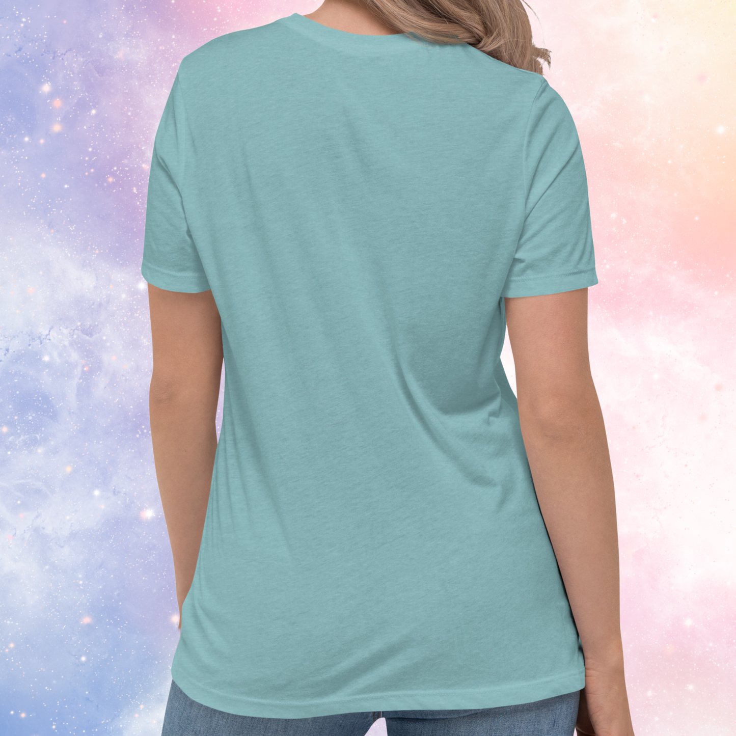 back view of model wearing Heather blue lagoon women's Virgo Tee. No image on back of astrology tee. You can see the crewneck neckline, the short sleeves come to the mid of the upper arm, hem of tee comes at the bottom of the hips on the model. The perfect August or September Birthday Gift for Her or yourself.