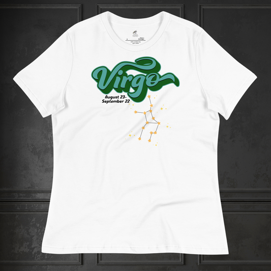 Front view of flat white women's Virgo Tee. This astrology Virgo T-Shirt has the word Virgo in large turquoise script shadowed in deep green for a 3-D effect. Below this it Says August 23-September 22. Under Virgo is the zodiac star constellation with yellow stars connected by a black line and lighter yellow smaller stars surrounding this. The perfect August or September Birthday Gift for Her or yourself.