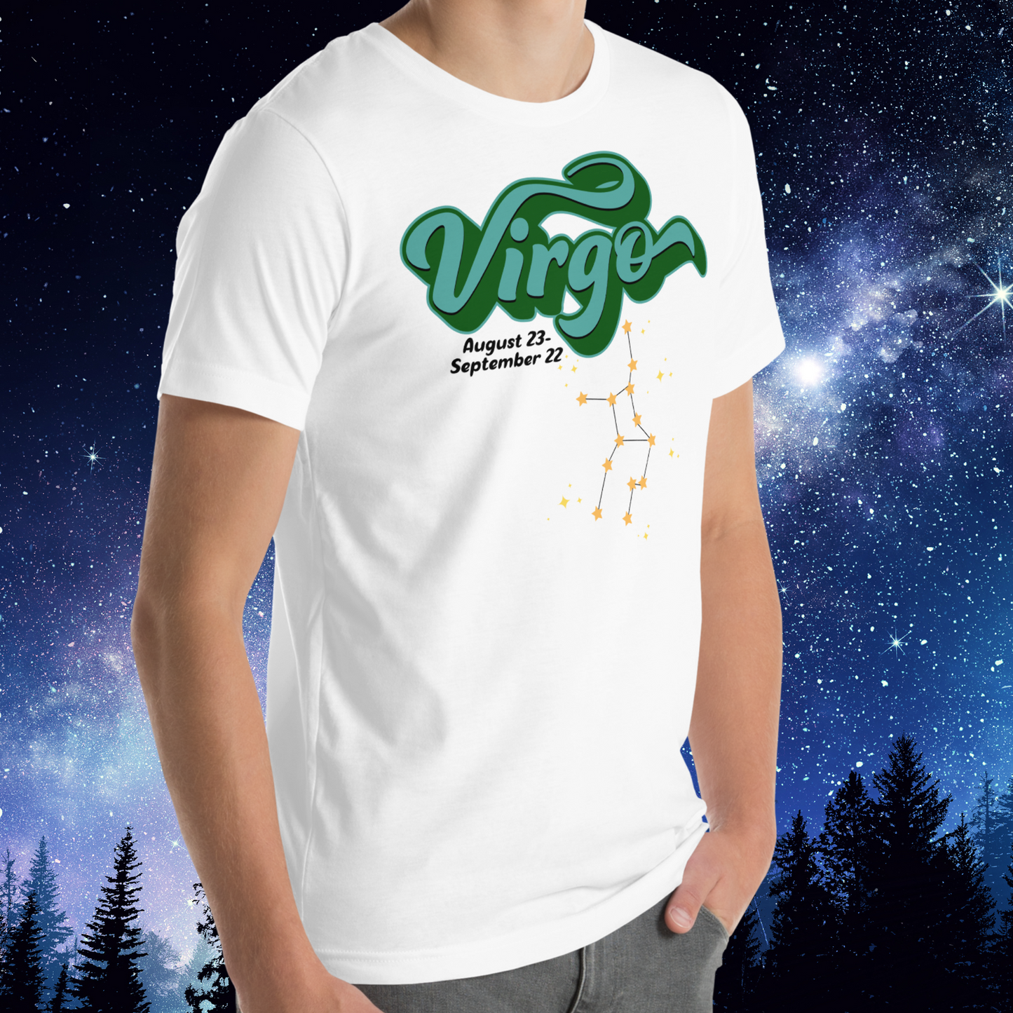 Front right view of model wearing white men's Virgo Tee. This astrology Virgo T-Shirt has the word Virgo in large turquoise script shadowed in deep green for a 3-D effect. Below this it Says August 23-September 22. Under Virgo is the zodiac star constellation with yellow stars connected by a black line and lighter yellow smaller stars surrounding this. The perfect August or September Birthday Gift for him or yourself.