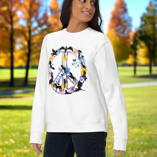 Side Front View Womens White Fantasy Peace Sign Women's Sweatshirt. Purple Peace Sign Outline filled with fantasy creatures dragons, mermaids, fairies, pegasus, a witch, butterflies, and flowers.