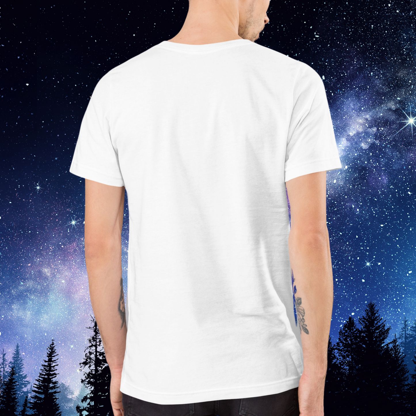Men's back view Aquarius T-shirt in white. No image on back of shirt. Short sleeves come to mid upper arm, crewneck, and hem falls below hip on model. Astrology Zodiac Aquarius Birthday gift for January or February.