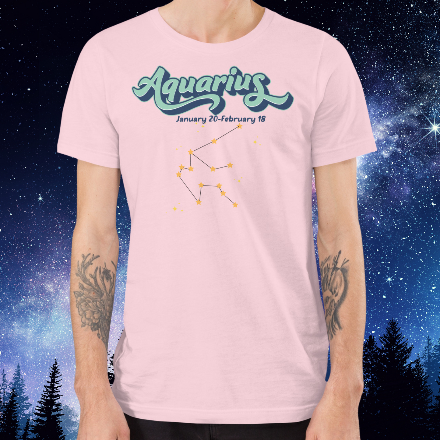 Men's front view Aquarius T-shirt in soft pink. Light blue Aquarius script outlined in deeper blue for a 3-D shadow effect. Below this is January 20- February 18. At the bottom is the Aquarius zodiac constellation with orange yellow stars connected by a black line surrounded by lighter yellow stars. Astrology Zodiac Aquarius Birthday gift for January or February.