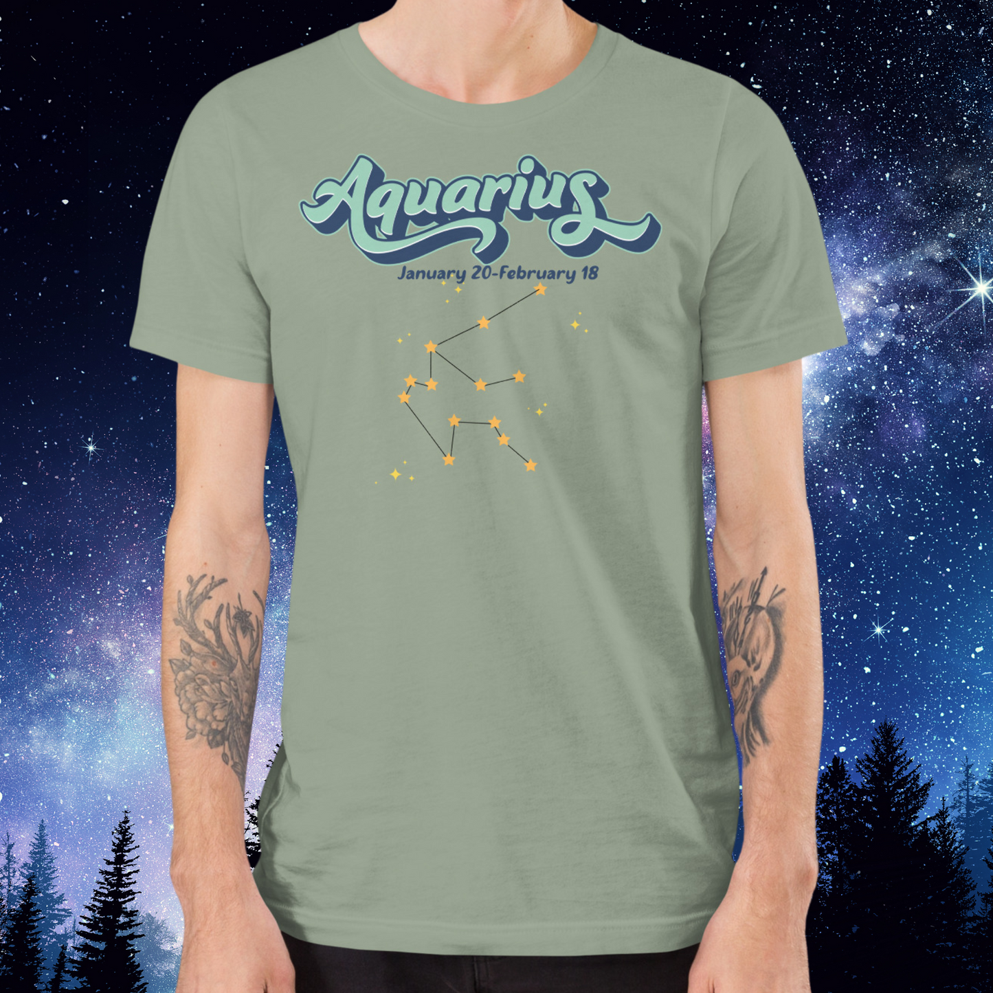 Men's front view Aquarius T-shirt in sage. Light blue Aquarius script outlined in deeper blue for a 3-D shadow effect. Below this is January 20- February 18. At the bottom is the Aquarius zodiac constellation with orange yellow stars connected by a black line surrounded by lighter yellow stars. Astrology Zodiac Aquarius Birthday gift for January or February.